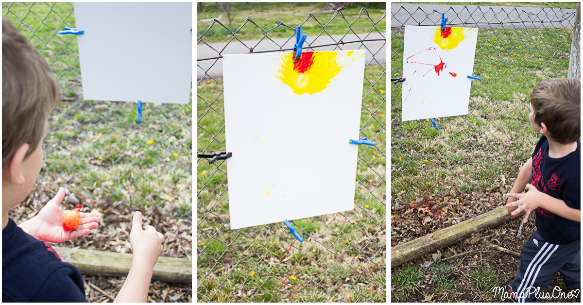 Kids bored this summer? Let them be kids with this awesome messy play activity! This splatter painting uses water balloons, medicine droppers, squirt guns, and more to create a unique piece of abstract art your kids will love creating. Don't worry-- kids and clothes are both washable! #allEssentials