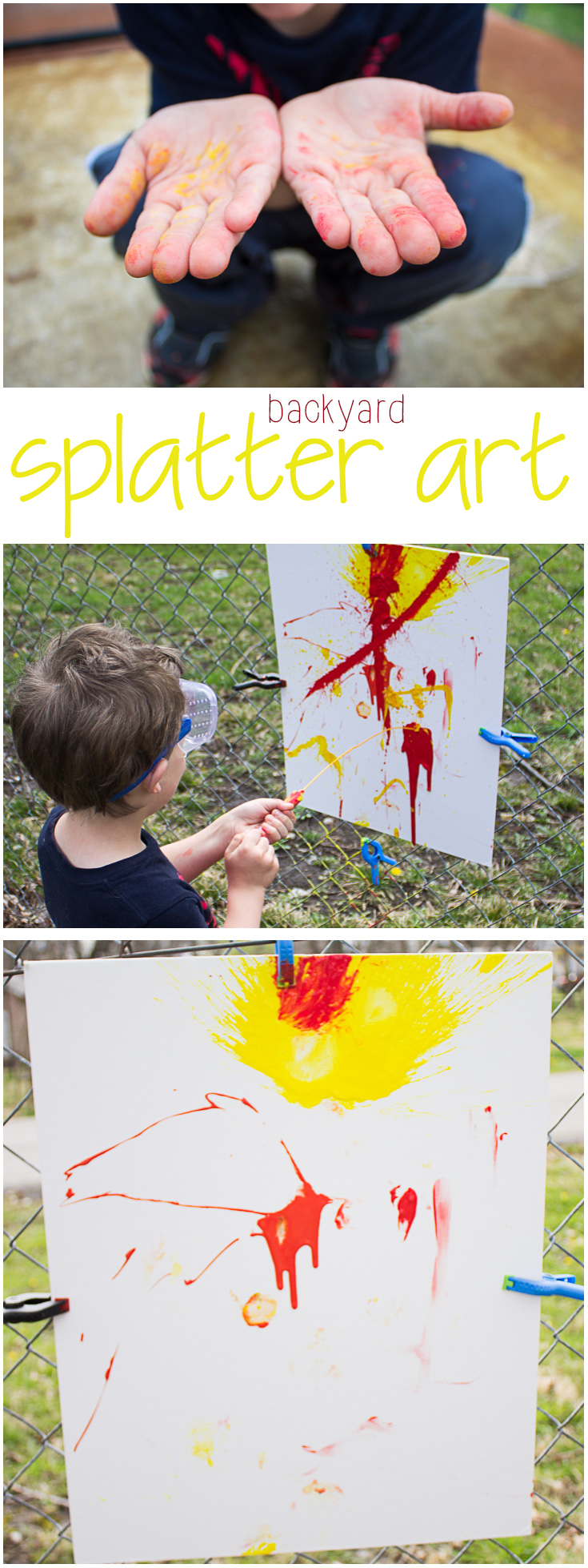 Kids bored this summer? Let them be kids with this awesome messy play activity! This splatter painting uses water balloons, medicine droppers, squirt guns, and more to create a unique piece of abstract art your kids will love creating. Don't worry-- kids and clothes are both washable! #allEssentials