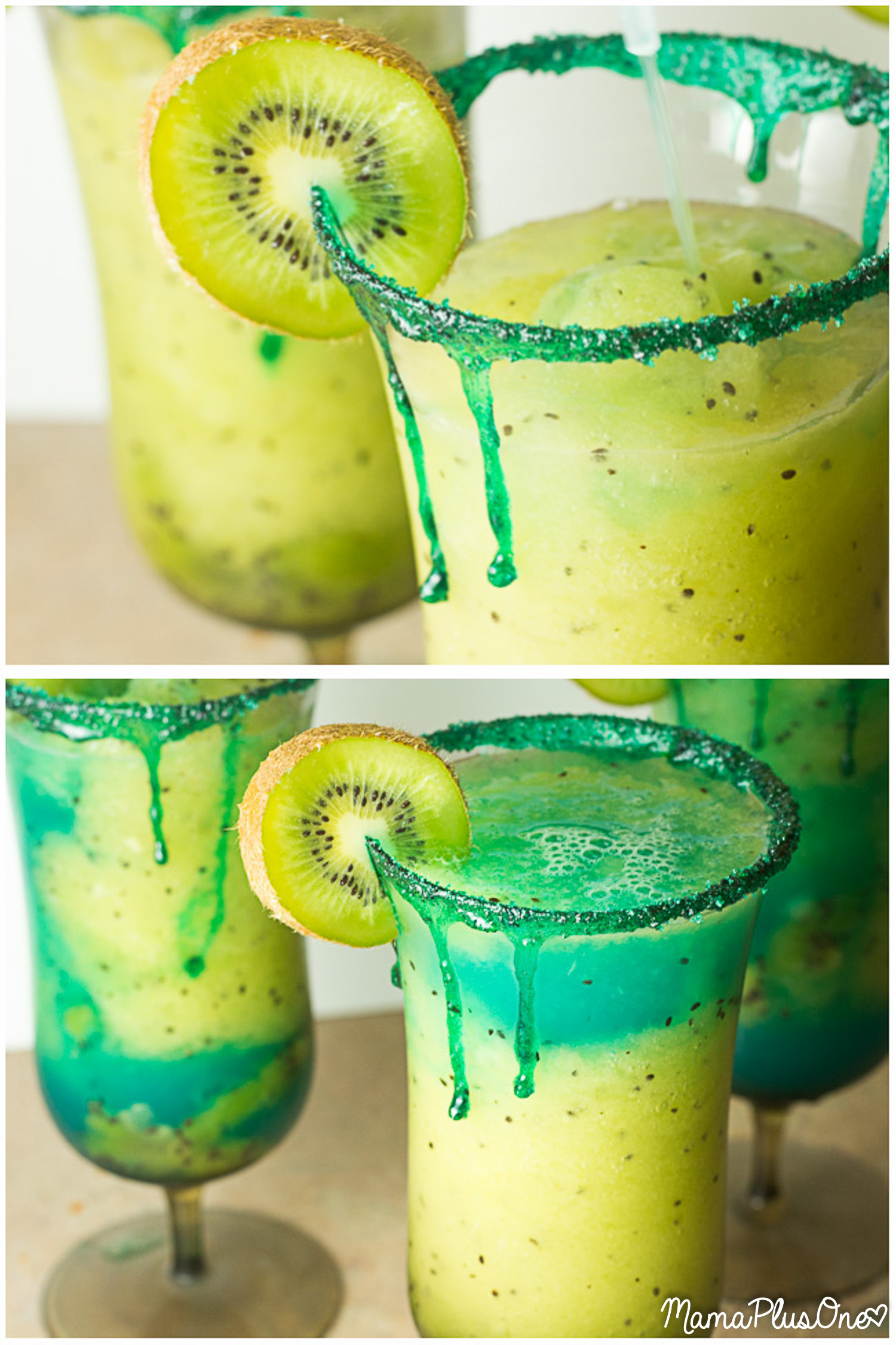 If you want all of the margarita fun and flavor and none of the alcohol, you'll love this totally virgin electric blue kiwi margarita! Hello, spring and summer! This has plenty of flavor-- lime and kiwi, blue and bright green, it's party-ready in no time. Virgin margarita recipe made quickly in your blender!