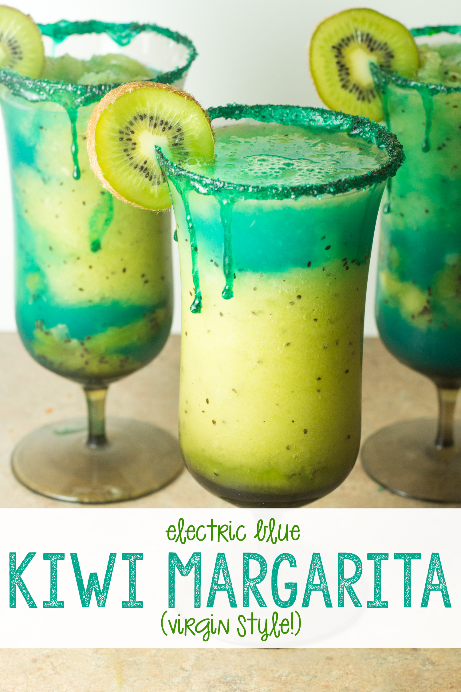 If you want all of the margarita fun and flavor and none of the alcohol, you'll love this totally virgin electric blue kiwi margarita! Hello, spring and summer! This has plenty of flavor-- lime and kiwi, blue and bright green, it's party-ready in no time. Virgin margarita recipe made quickly in your blender! | Virgin Kiwi Margarita | 