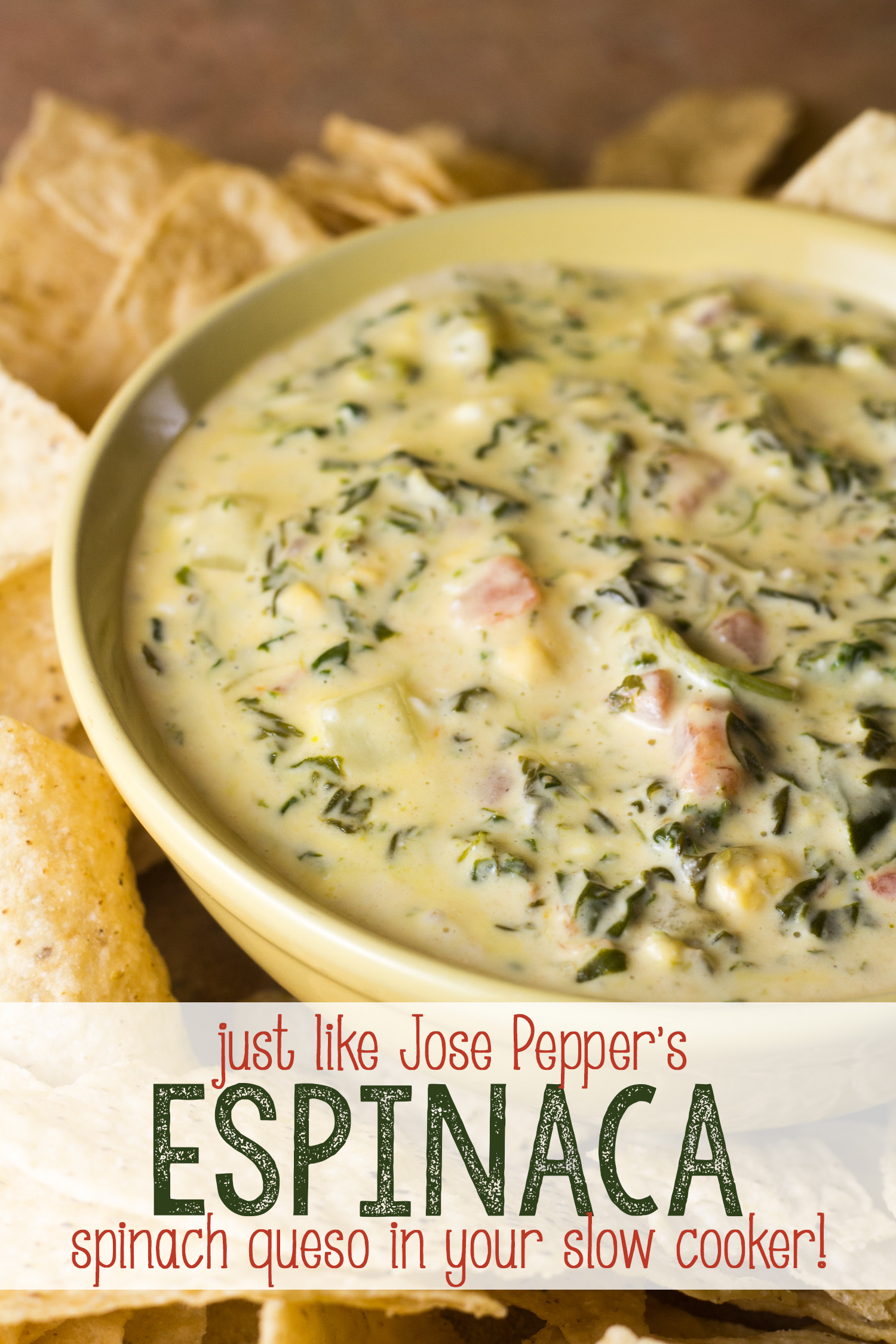 If you love spinach queso, you'll love this easy slow cooker spinach queso recipe! It tastes JUST like the Espinaca served at Jose Peppers in the Kansas City area-- a perfect copycat for the dip you love! It's easy to make, just add everything to your crock pot and it's spinach queso in no time. | dip recipe | appetizer recipe | slow cooker dip | cinco de mayo recipe | tailgating recipe | game day food |