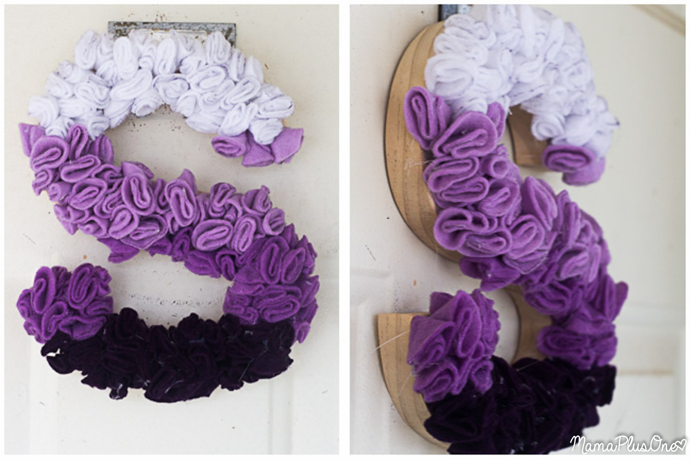 If you’re looking for the perfect door hanging or office decor, you’re going to love this impossibly easy ombre flower monogram! If you can trace a circle, fold a piece of felt, and use a hot glue gun, you can make this! It is the perfect substitute for a DIY Wreath, or looks great on any wall! Just pick the letter or wooden shape that appeals to you, and you’re all set to make this fun creation!