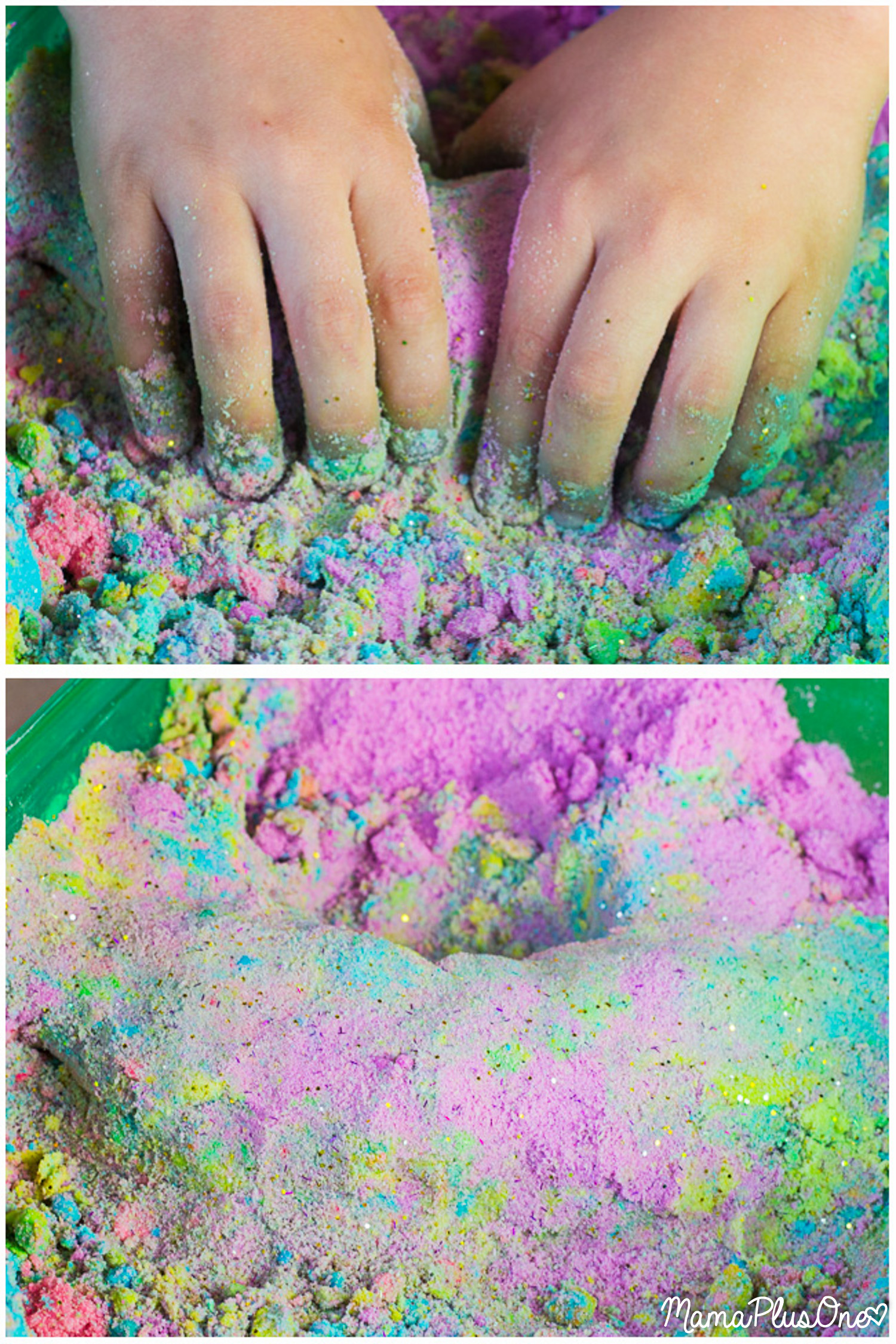 This Unicorn Kinetic Sand is the perfect sensory toy, and in bright, vibrant sparkly colors, it looks just like a unicorn, too! Easy to make and fun to play with, you can make DIY Kinetic Sand at home!