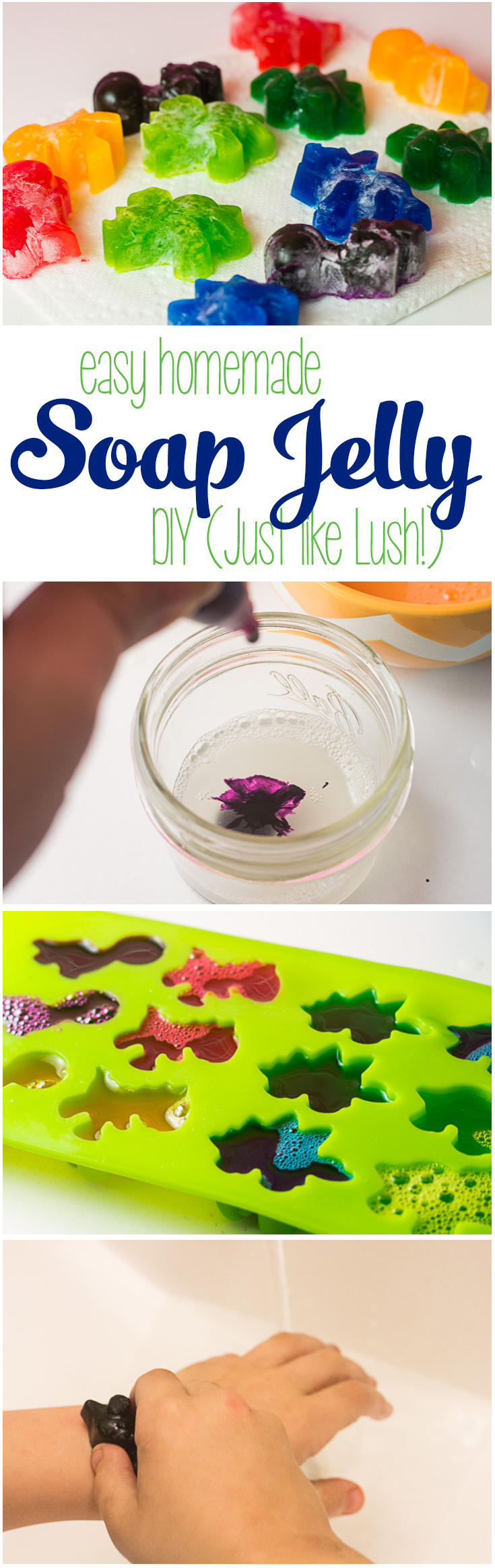 If you love Shower Jelly like the kind you find at LUSH, you'll love this easy-to-make DIY Soap Jelly that is as fun to make as it is to bathe with! It's nice and cool for showering off in the summertime, and a fun way to get clean after playing in the mud and dirt. What kid wouldn't love their own jelly soap? | DIY Soap Jelly | Jelly Soap Homemade | How to Make LUSH Shower Jelly |