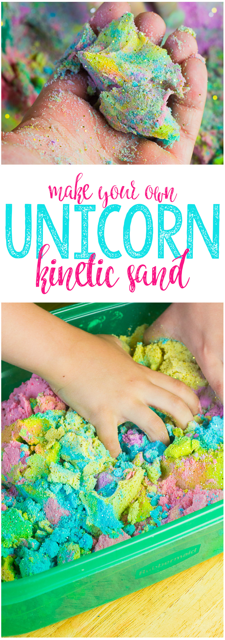 This Unicorn Kinetic Sand is the perfect sensory toy, and in bright, vibrant sparkly colors, it looks just like a unicorn, too! Easy to make and fun to play with, you can make DIY Kinetic Sand at home!