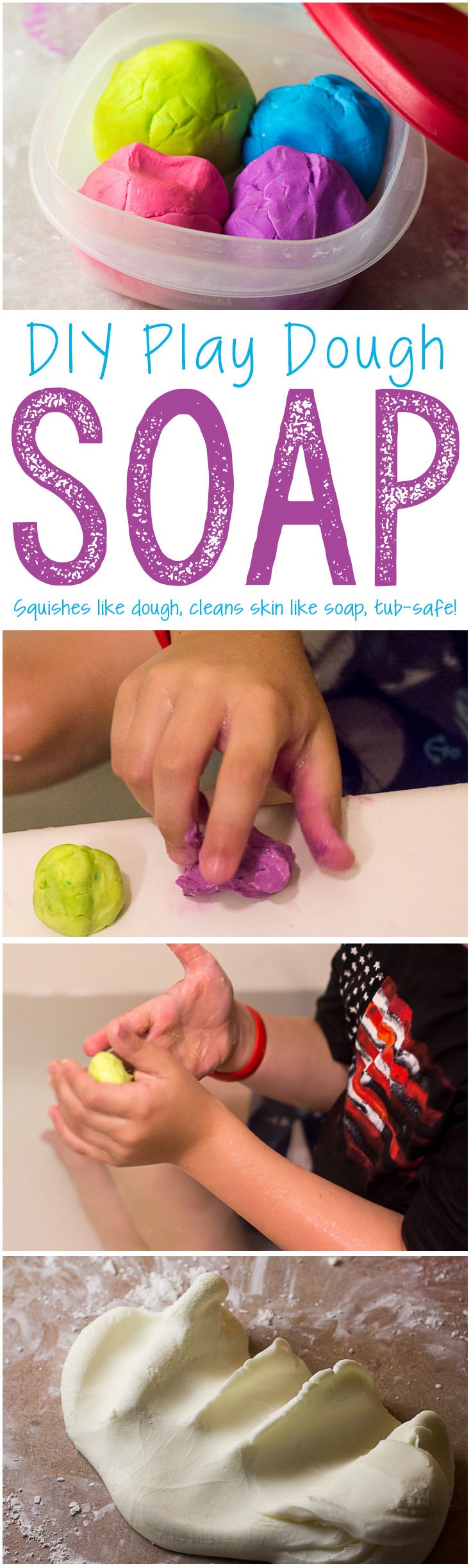 This DIY Play Dough Soap is messy play that gets kids clean! It's homemade play dough made with soap, is tub-safe, and doesn't stain skin. Plus, it has only 3 ingredients you probably already have: sulfate free body wash, cornstarch, and water! Your kids will want bath time, ALL the time! Get your kids clean with this DIY soap recipe, then get your clothes clean with Sulfate-Free All Detergent. [ad] #allEssentials #allSulfateFree