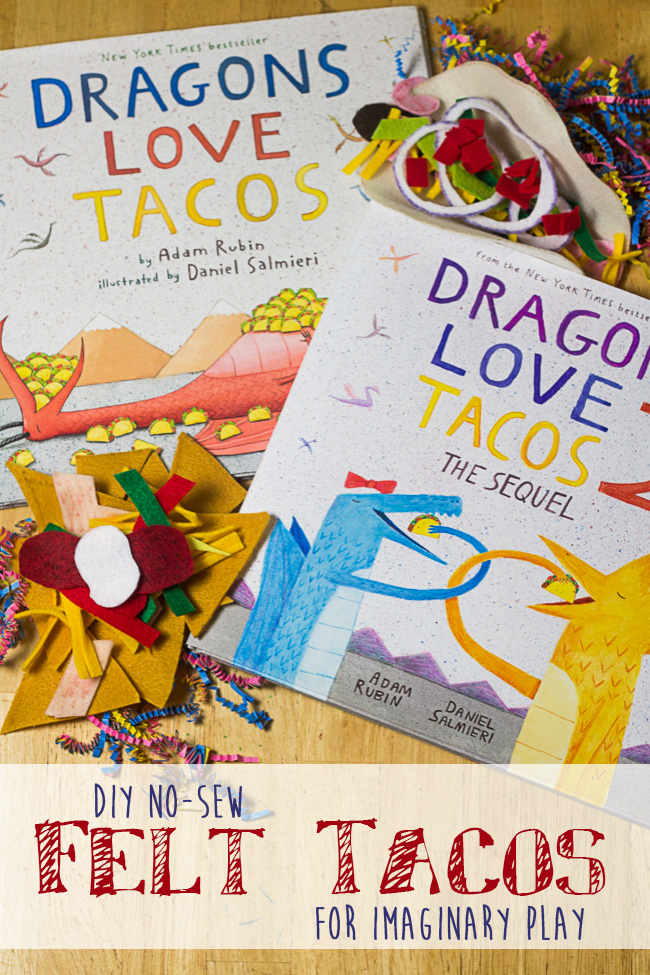 If you or your kids love Dragons Love Tacos, or it's sequel, you'll love these fun taco felt food ideas! DIY No-Sew Felt Tacos are perfect for mixing and matching, and they're perfect for play kitchens. If your child loves imaginative play, make these for a fraction of the cost of buying them from big name companies... and make exactly the taco flavor you'll want for your playroom. Perfect for kids who love to play cooking, and great for future chefs.