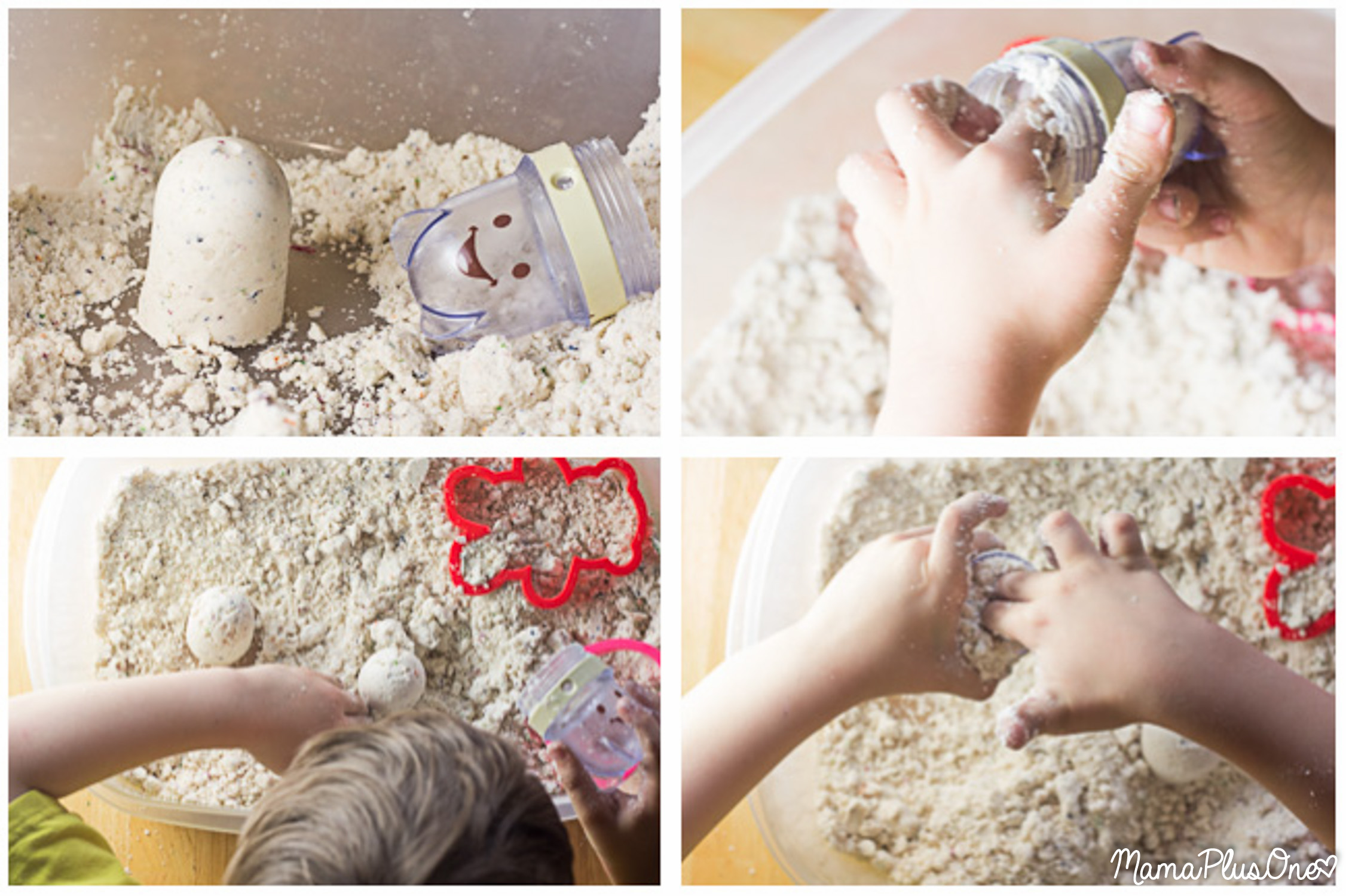 This cloud dough is so easy to make-- only 2 ingredients and less than 5 minutes of effort for a great sensory toy your kids will love. Plus, since it's safe to eat, it's okay if little fingers take a little nibble, too! DIY cloud dough | moon dough | sensory bin filler |