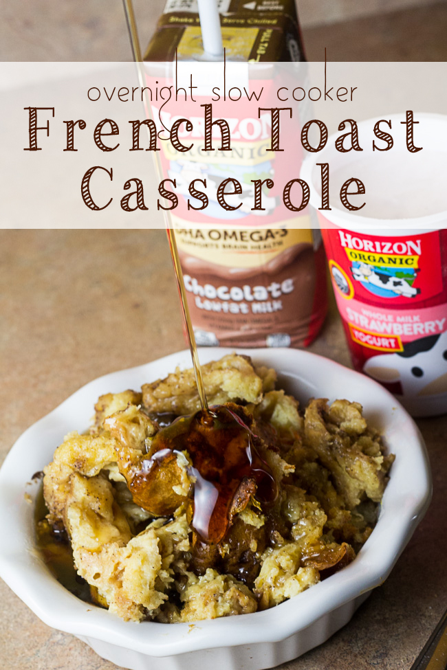 Back to School means getting back in the swing of things. Beat the morning rush with this easy French Toast Casserole! This overnight slow cooker french toast casserole is made in your crock pot so you don't have to worry about scrambling for breakfast the next morning. Plus, it's made with ingredients you can feel good about, like organic peaches or Horizon Organic products (which are also great for tossing in lunchboxes!) #HorizonHappiness [ad]